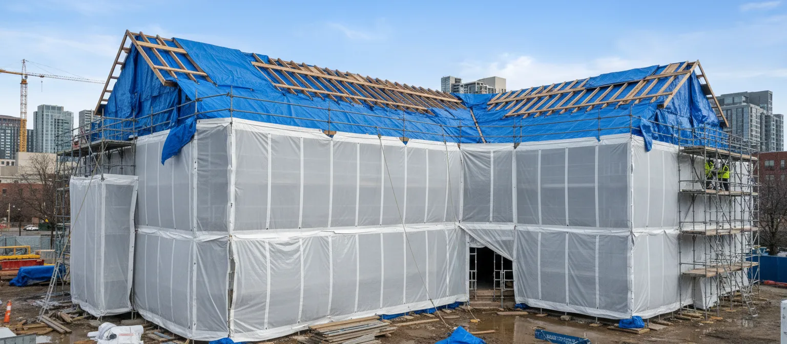 Temporary roofing and shrink-wrap weather protection on a Christchurch worksite